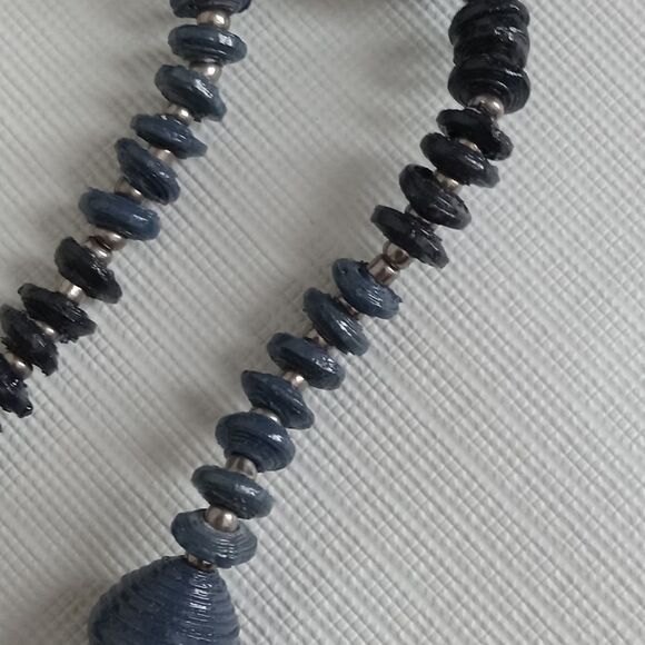 Shades of Blue Lightweight Ribbed Paper Beads Long Length Single Strand Necklace - Picture 10 of 10
